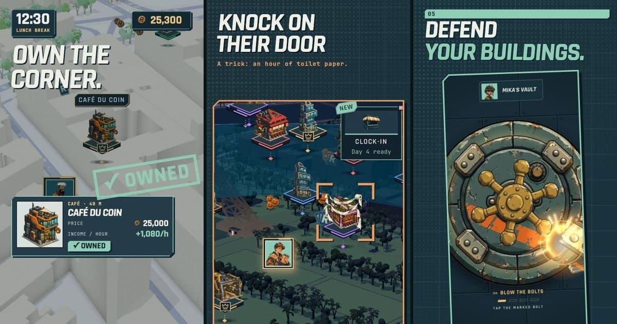 Three frames from Retropolis promo videos: a café bought on the real map, a night map with Halloween markers, and a vault being cracked