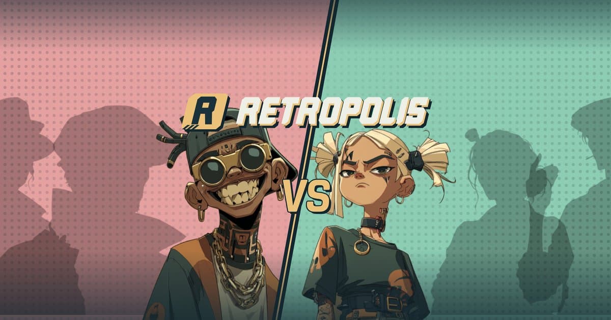 The Retropolis App Store header: two rival characters face off on either side of the logo