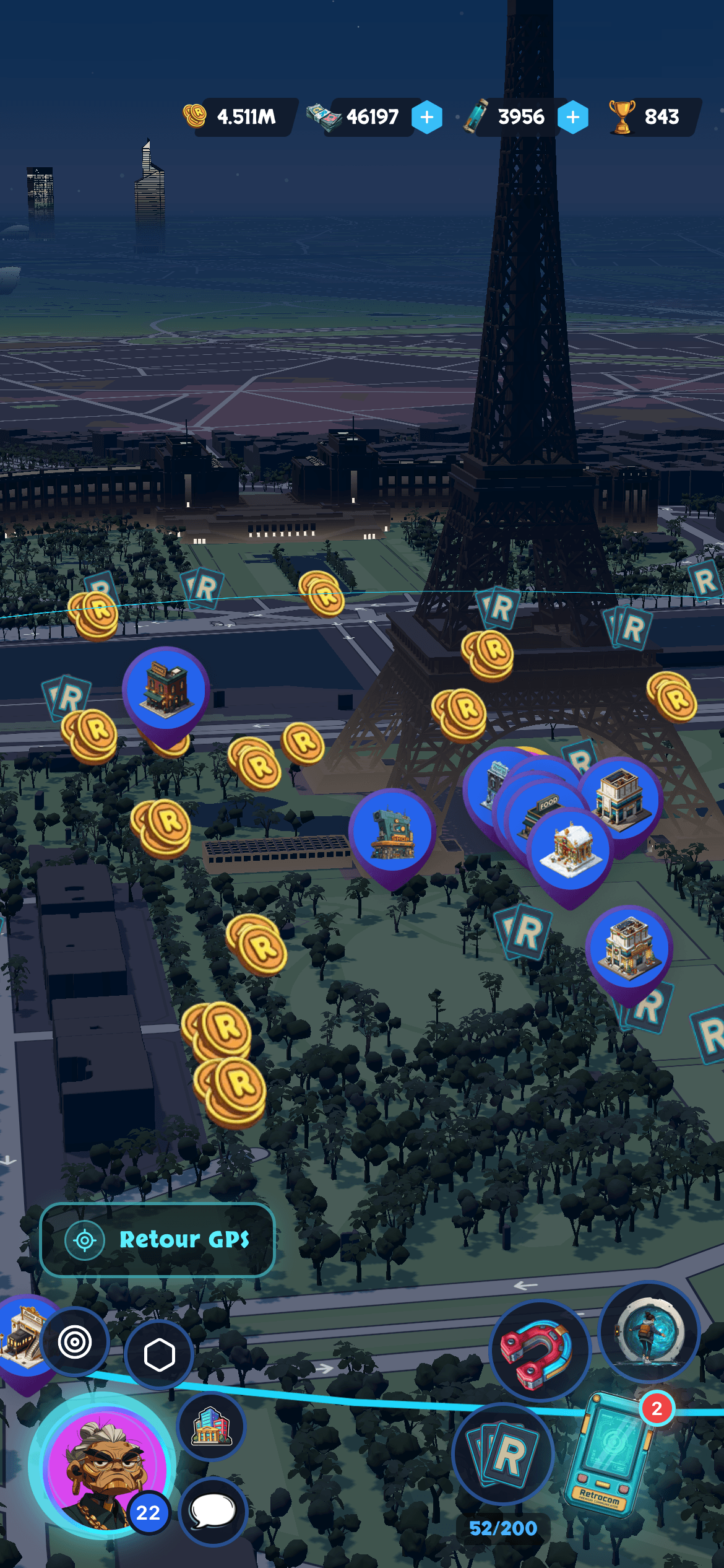 The Retropolis map with buildings to claim around the player